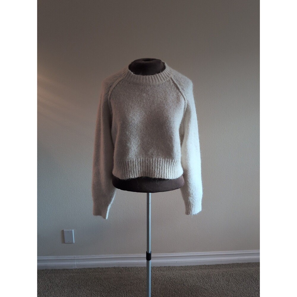Zara Crop Sweater Women Med White Poly  Alpaca Wool Crew Neck Chunky Cozy Fuzzy
